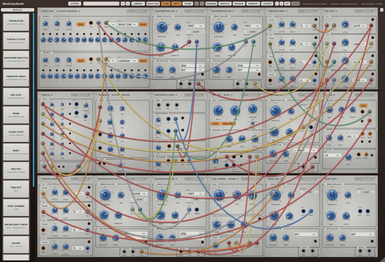 A twenty-four space WestCoastSynth, racked and patched